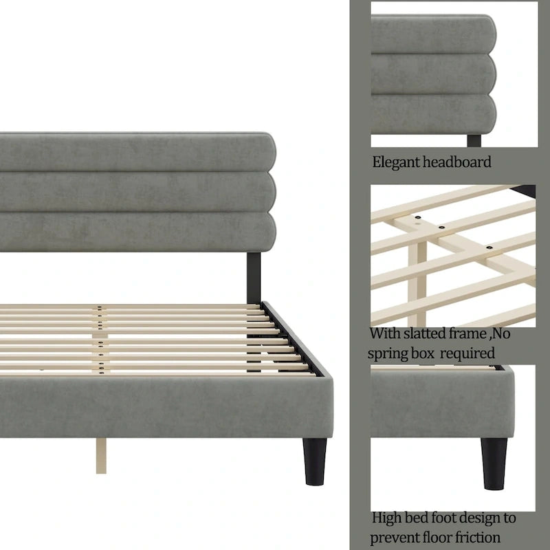 Upholstered King Platform Bed Frame with Headboard and Wooden Slats