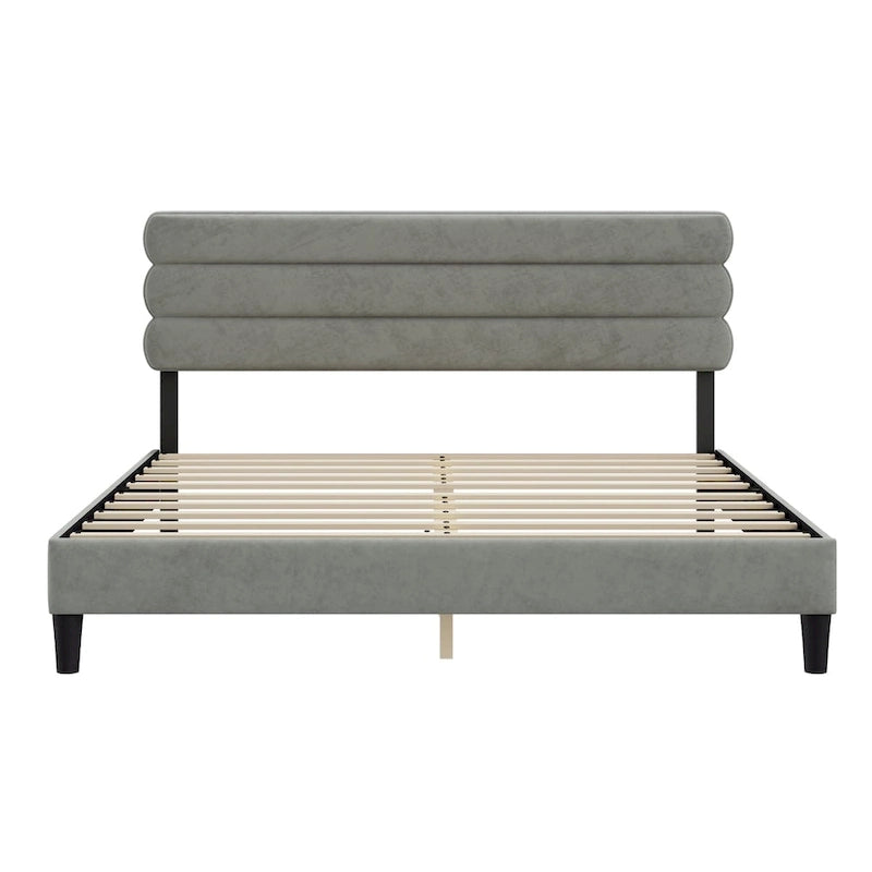 Upholstered King Platform Bed Frame with Headboard and Wooden Slats