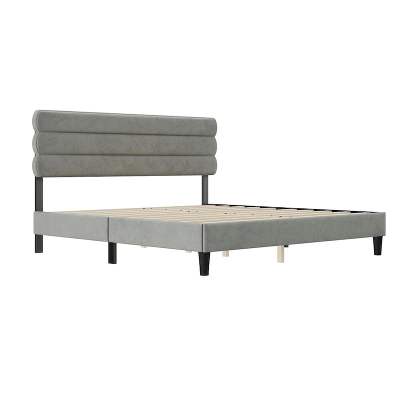 Upholstered King Platform Bed Frame with Headboard and Wooden Slats