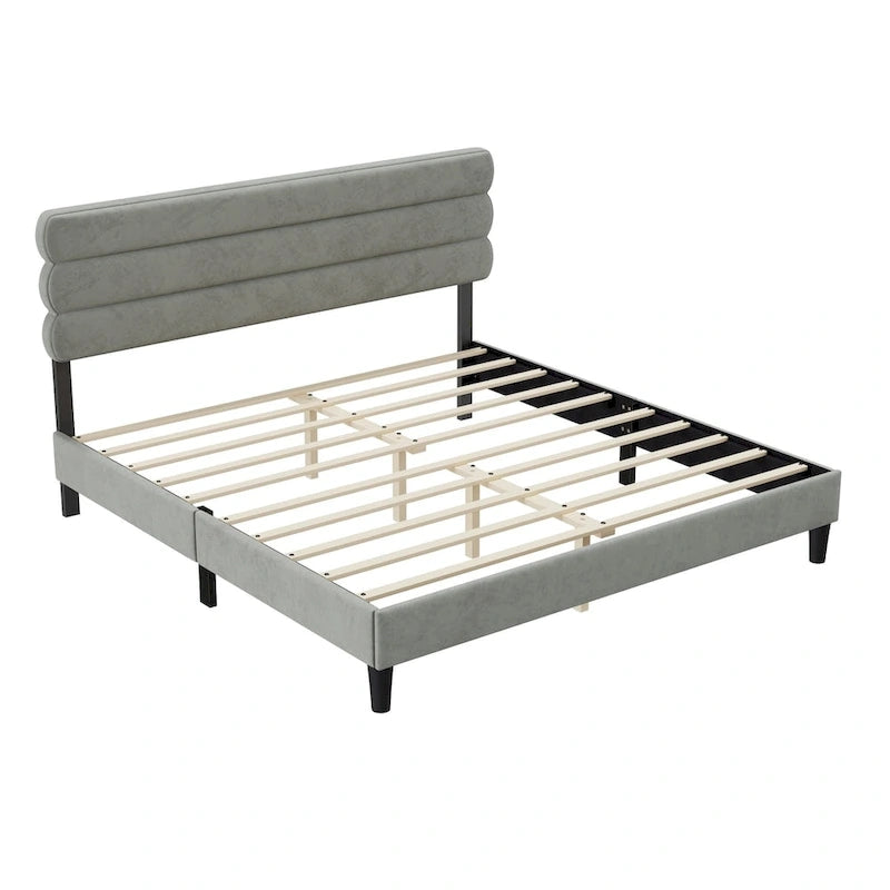 Upholstered King Platform Bed Frame with Headboard and Wooden Slats