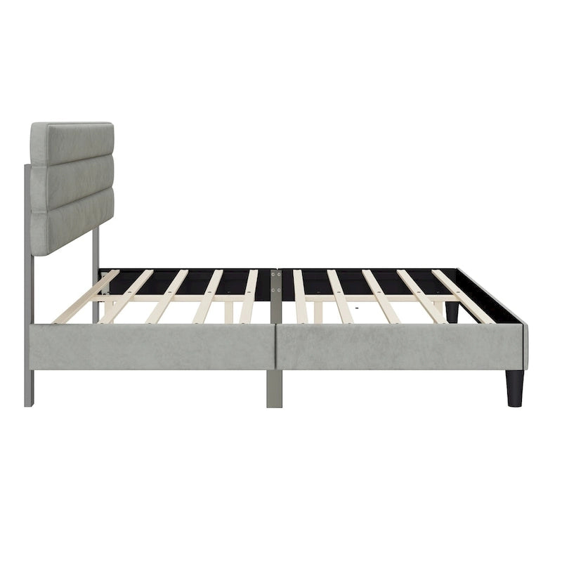Upholstered King Platform Bed Frame with Headboard and Wooden Slats