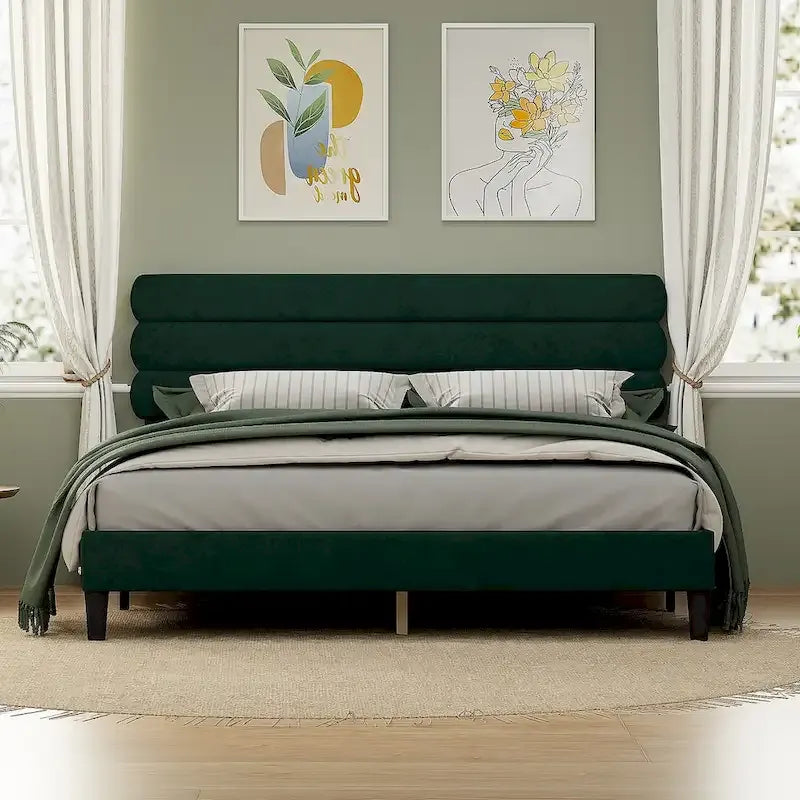 Upholstered King Platform Bed Frame with Headboard and Wooden Slats