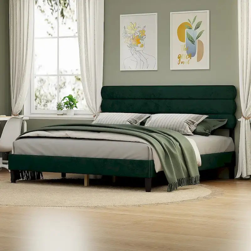 Upholstered King Platform Bed Frame with Headboard and Wooden Slats