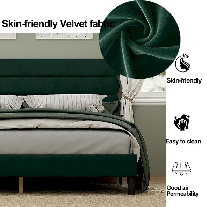 Upholstered King Platform Bed Frame with Headboard and Wooden Slats