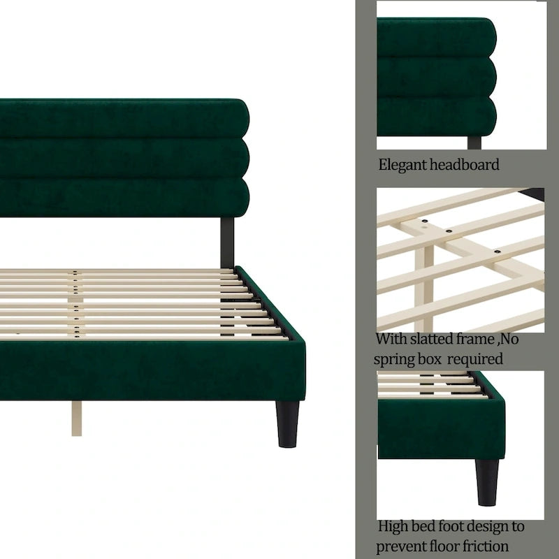 Upholstered King Platform Bed Frame with Headboard and Wooden Slats