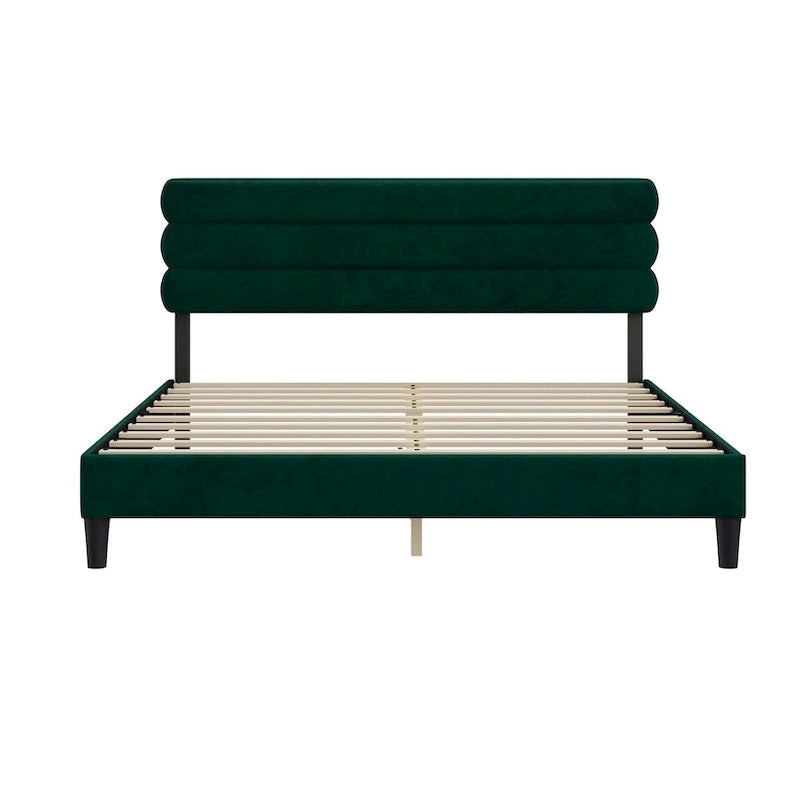 Upholstered King Platform Bed Frame with Headboard and Wooden Slats