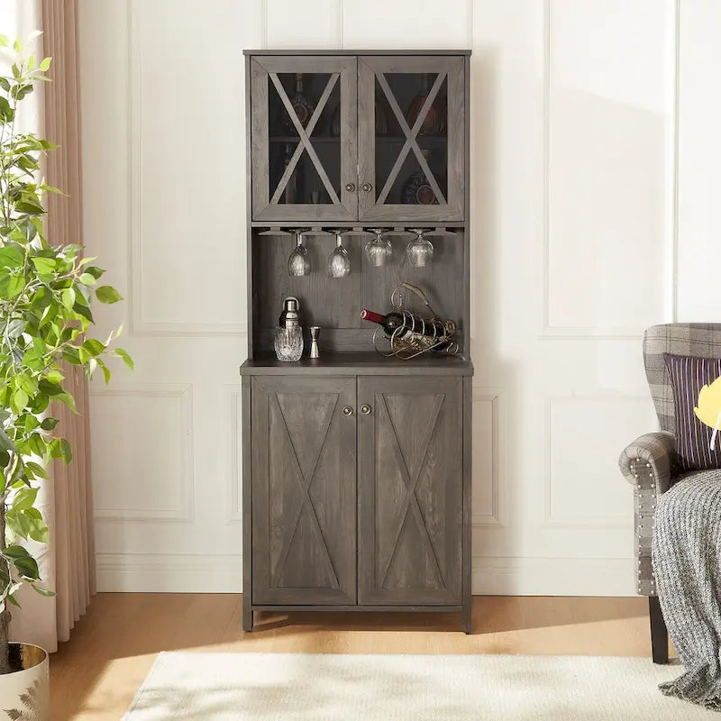 Farmhouse Bar Cabinet Dining Room Kitchen Cabinet with Wine Rack