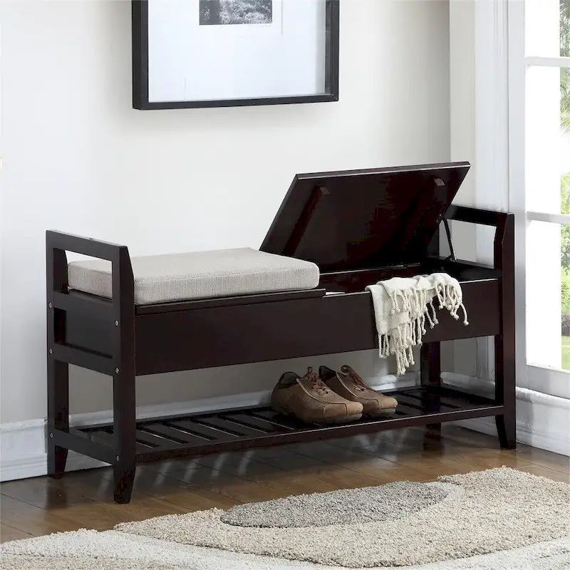 Fabric Upholstered Storage Shoe Bench with Shelf and Lift-Up Seats