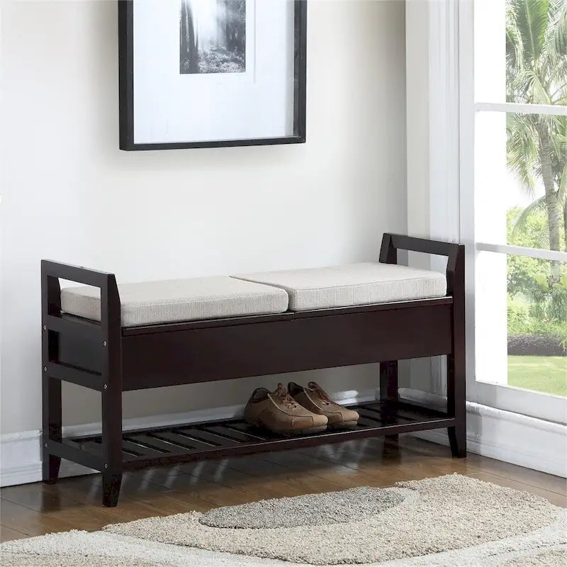 Fabric Upholstered Storage Shoe Bench with Shelf and Lift-Up Seats