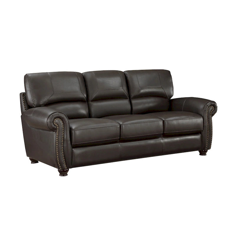 84 Inch Dark Brown Leather Sofa with Rolled Arms