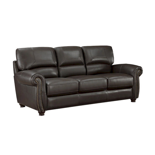 84 Inch Dark Brown Leather Sofa with Rolled Arms
