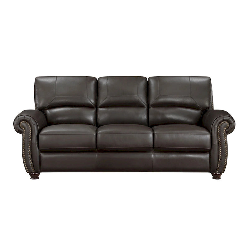 84 Inch Dark Brown Leather Sofa with Rolled Arms