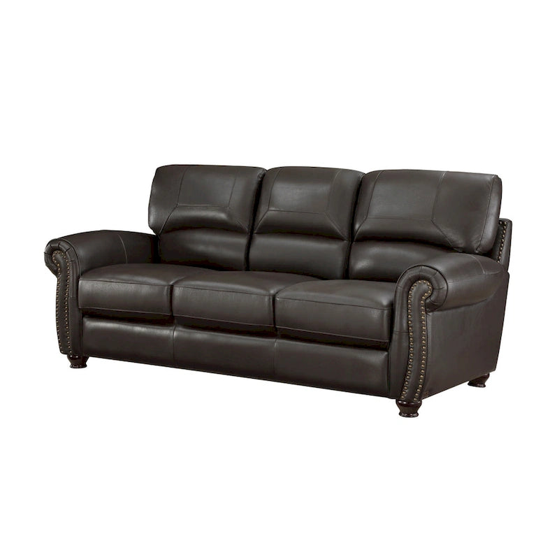 84 Inch Dark Brown Leather Sofa with Rolled Arms