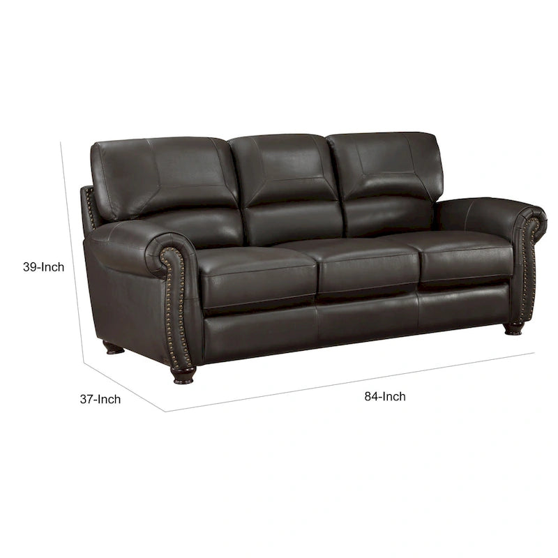 84 Inch Dark Brown Leather Sofa with Rolled Arms