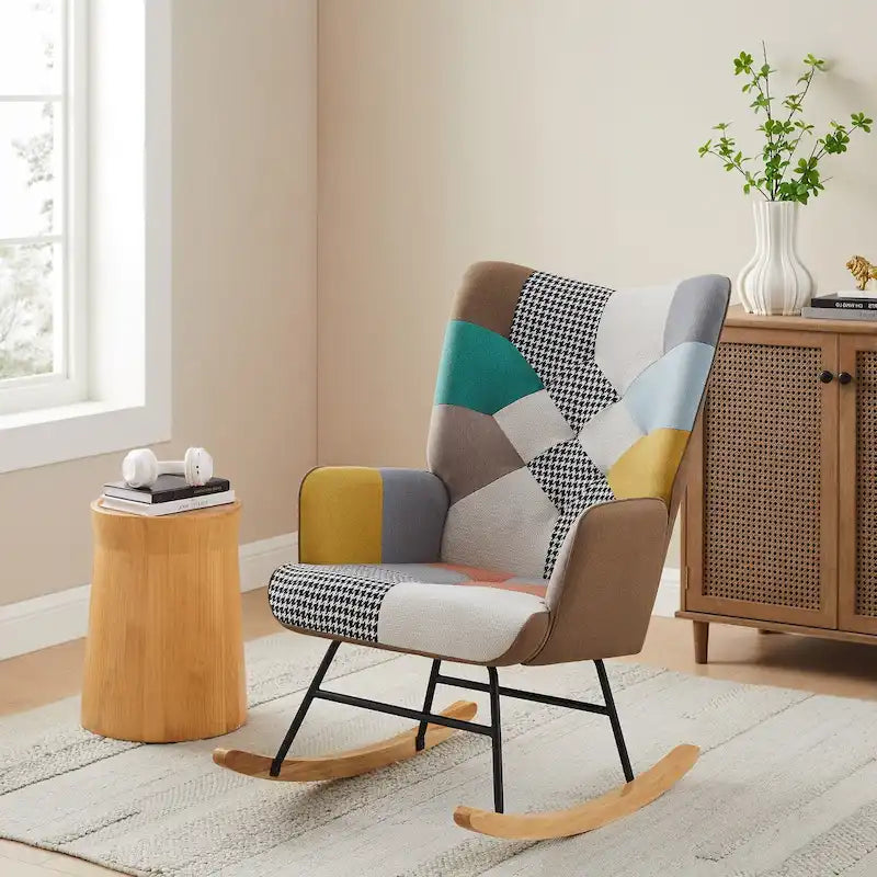 French Patchwork Linen Upholstered Nursery Rocking Chair with Wood Legs