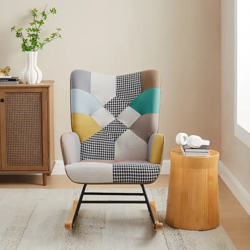 French Patchwork Linen Upholstered Nursery Rocking Chair with Wood Legs