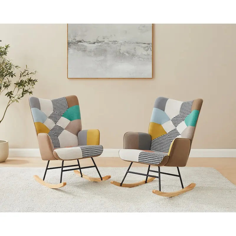 French Patchwork Linen Upholstered Nursery Rocking Chair with Wood Legs