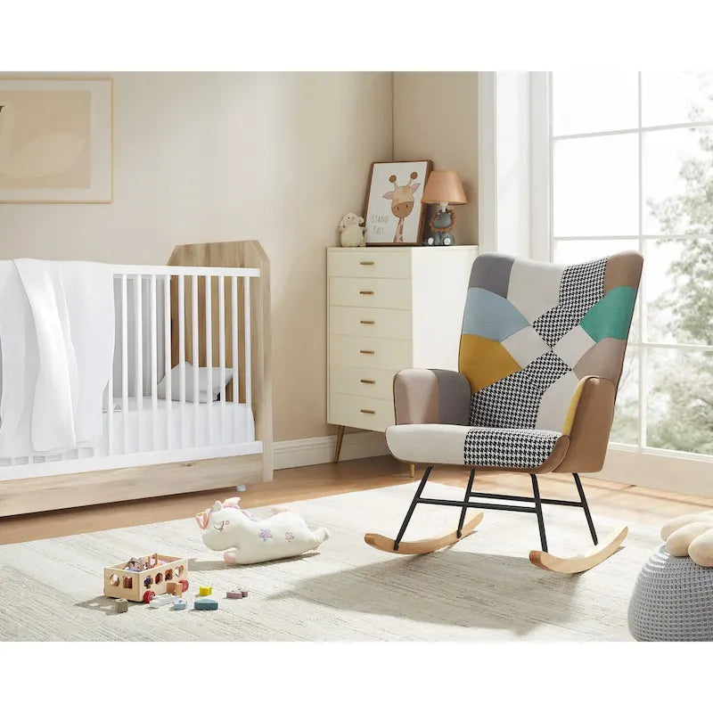 French Patchwork Linen Upholstered Nursery Rocking Chair with Wood Legs