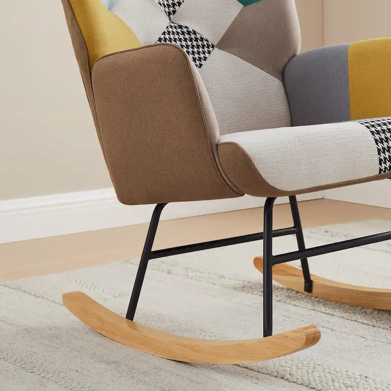 French Patchwork Linen Upholstered Nursery Rocking Chair with Wood Legs