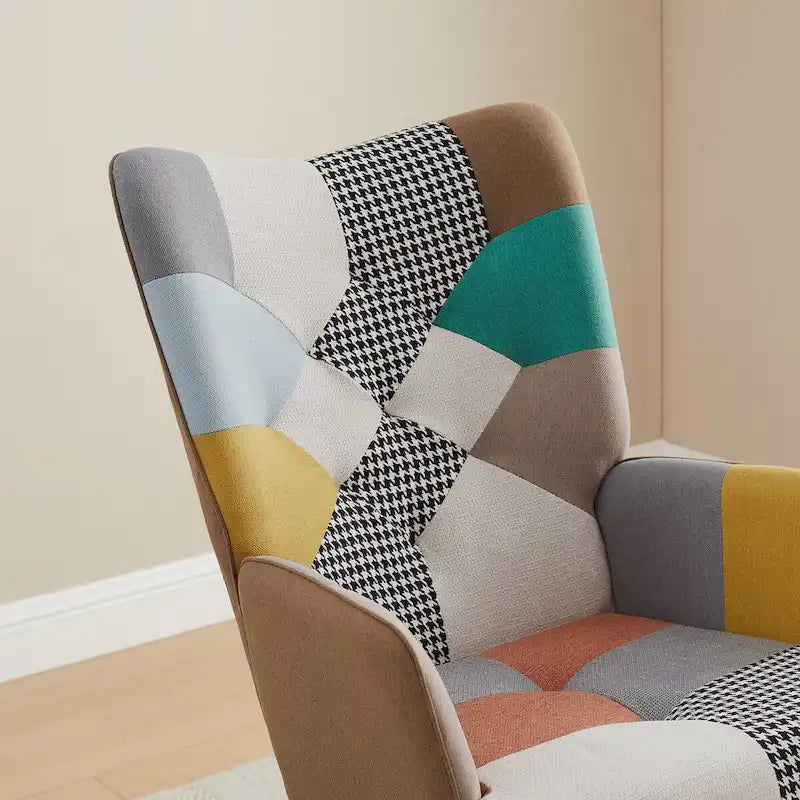 French Patchwork Linen Upholstered Nursery Rocking Chair with Wood Legs