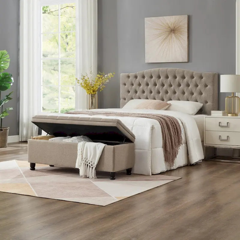 Velvet Button-Tufted Storage Bench