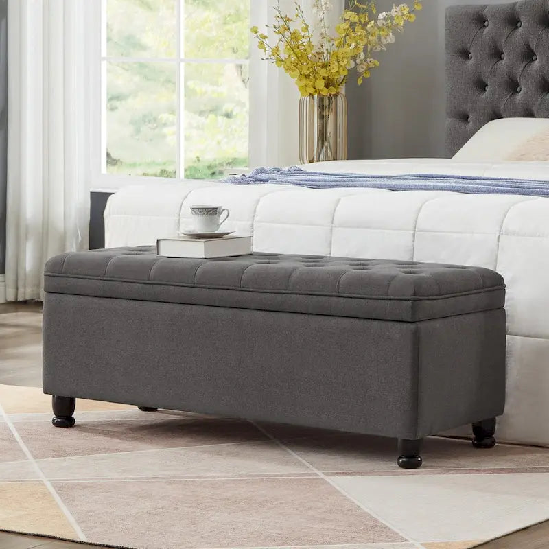 Velvet Button-Tufted Storage Bench