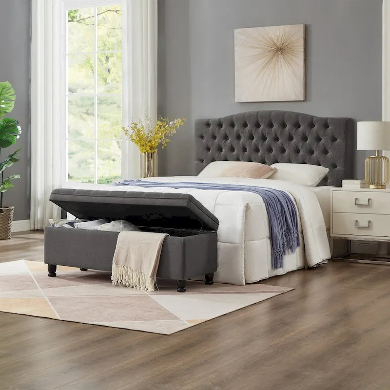 Velvet Button-Tufted Storage Bench