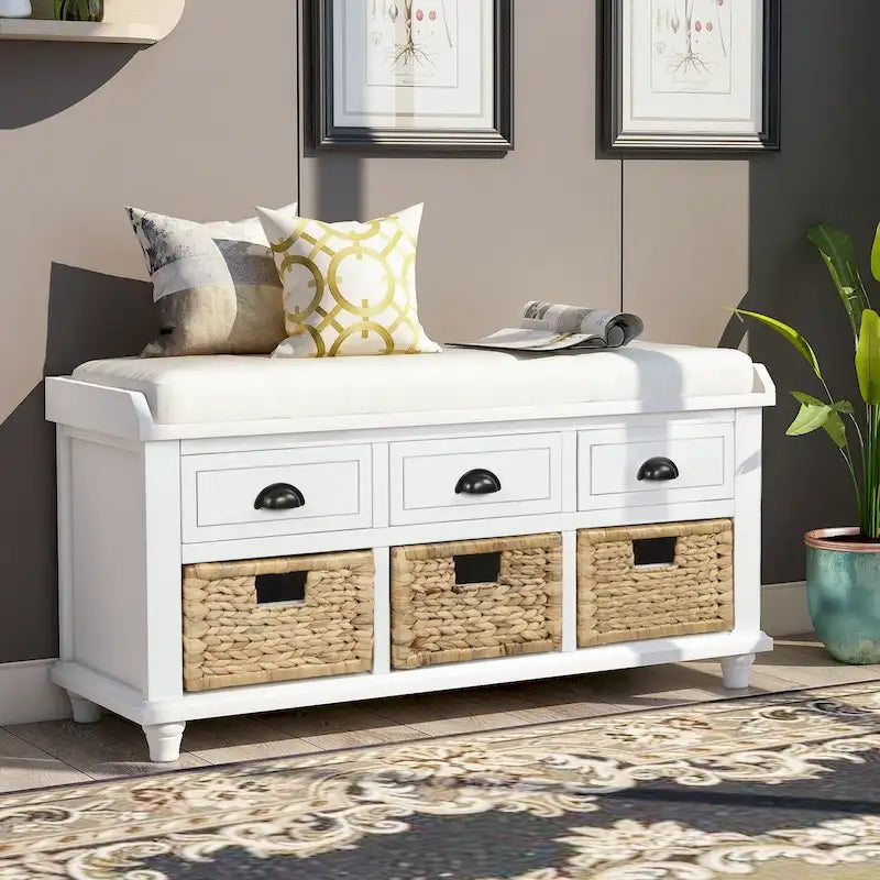 Rustic Storage Bench with 3 Drawers and 3 Woven Baskets