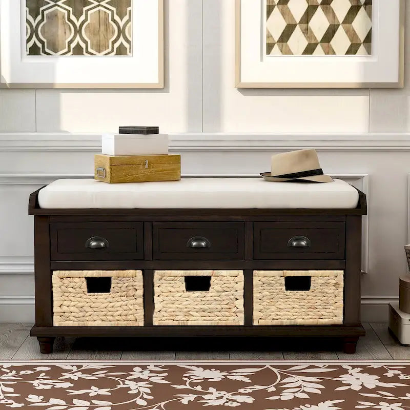 Rustic Storage Bench with 3 Drawers and 3 Woven Baskets