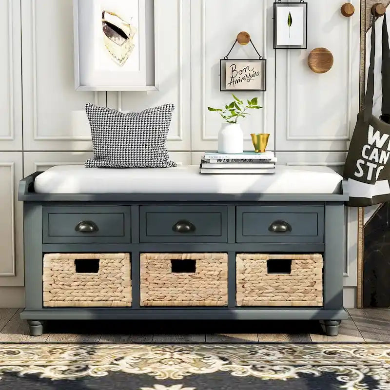 Rustic Storage Bench with 3 Drawers and 3 Woven Baskets
