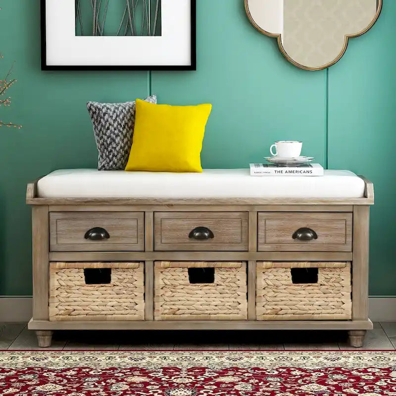 Rustic Storage Bench with 3 Drawers and 3 Woven Baskets