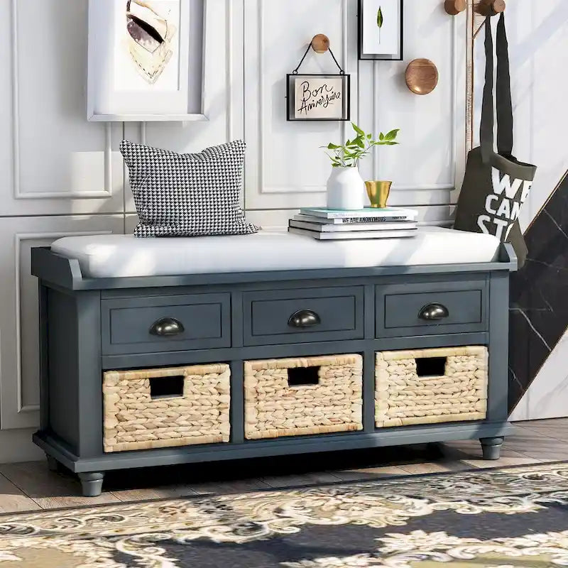 Rustic Storage Bench with 3 Drawers and 3 Woven Baskets