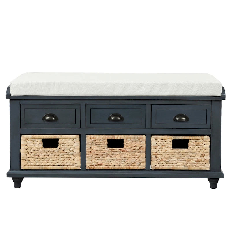Rustic Storage Bench with 3 Drawers and 3 Woven Baskets