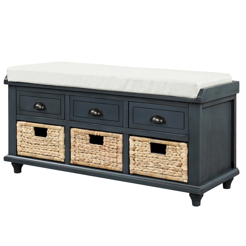Rustic Storage Bench with 3 Drawers and 3 Woven Baskets