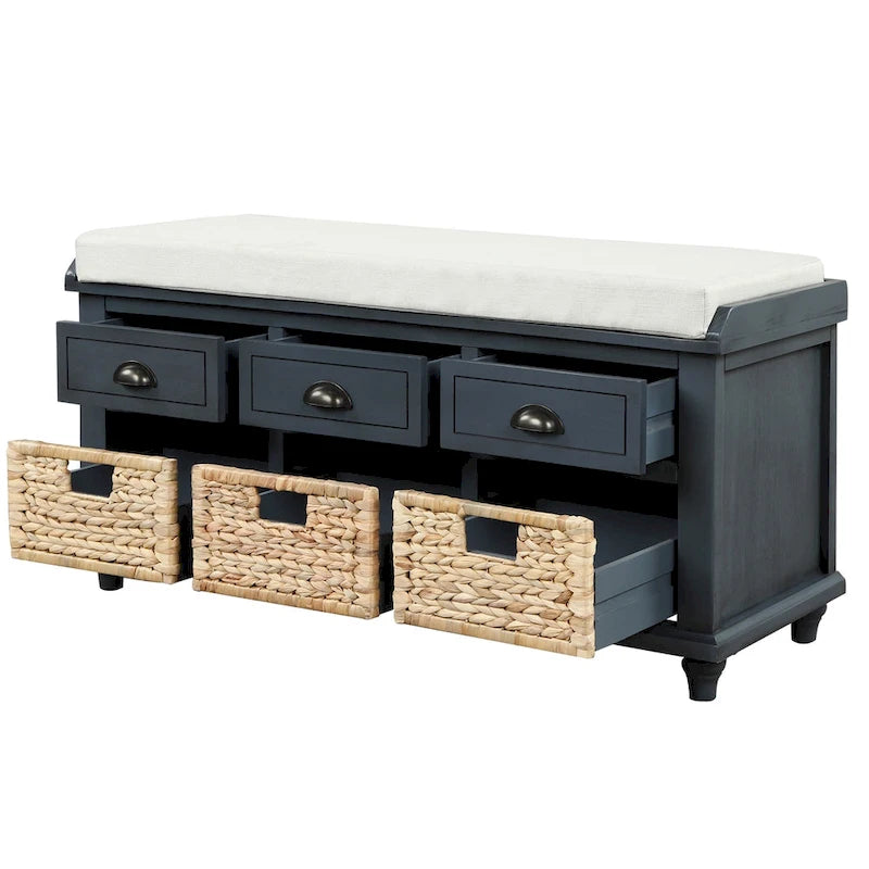 Rustic Storage Bench with 3 Drawers and 3 Woven Baskets