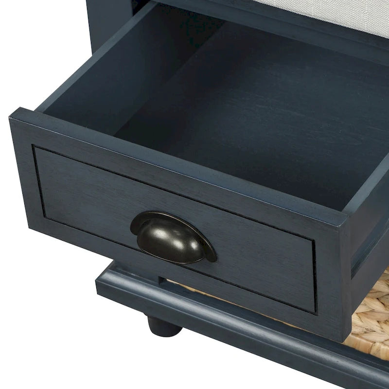 Rustic Storage Bench with 3 Drawers and 3 Woven Baskets