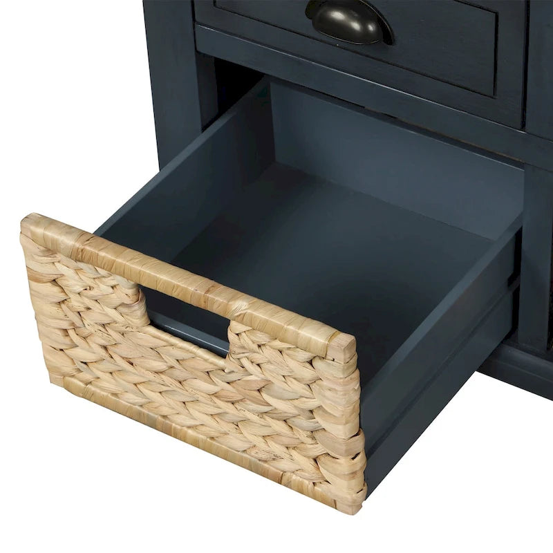 Rustic Storage Bench with 3 Drawers and 3 Woven Baskets