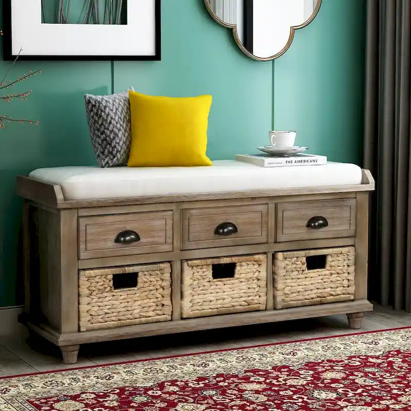 Rustic Storage Bench with 3 Drawers and 3 Woven Baskets