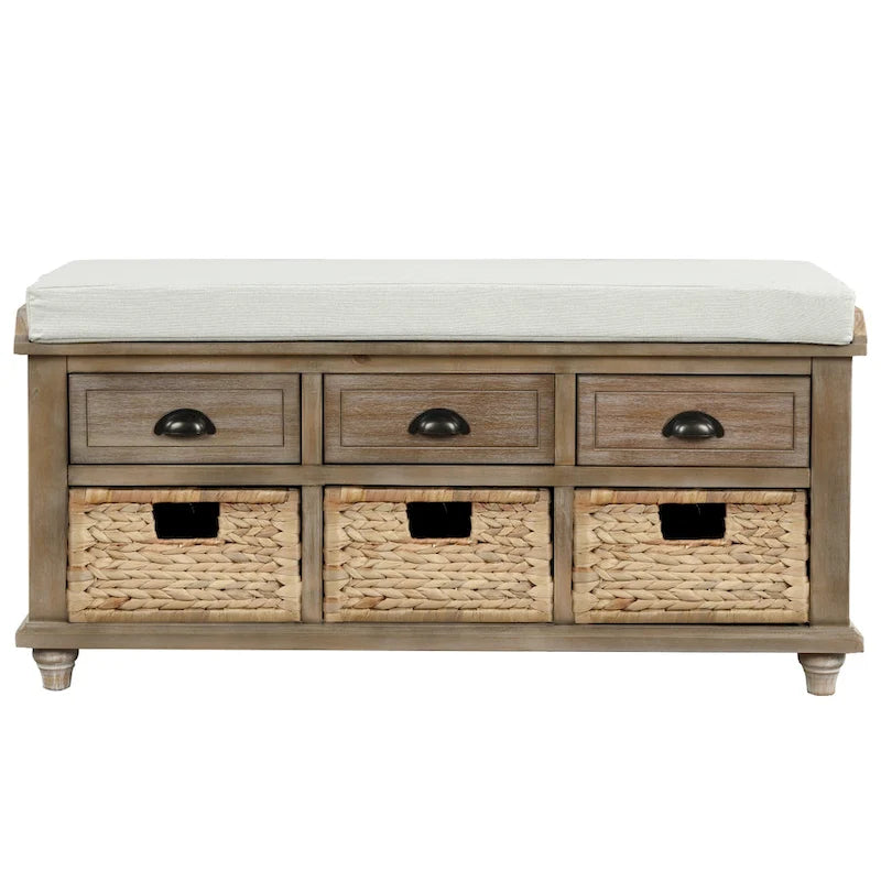 Rustic Storage Bench with 3 Drawers and 3 Woven Baskets