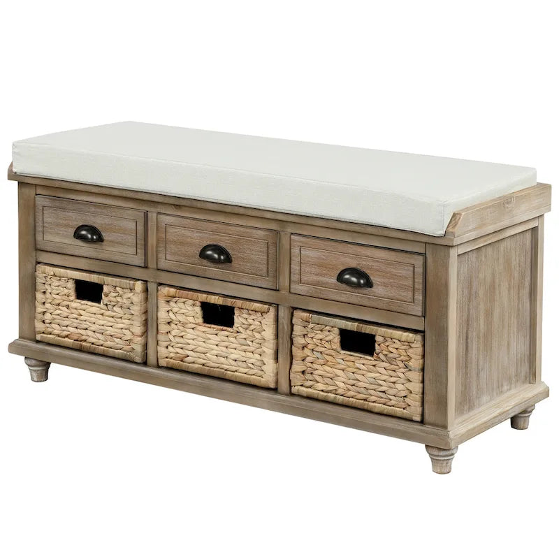 Rustic Storage Bench with 3 Drawers and 3 Woven Baskets