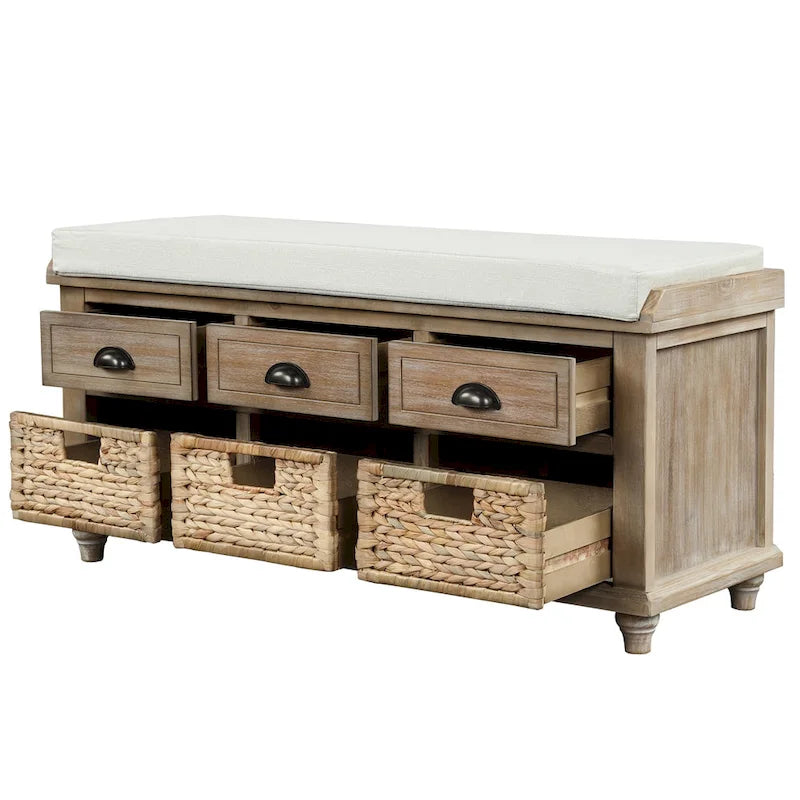 Rustic Storage Bench with 3 Drawers and 3 Woven Baskets