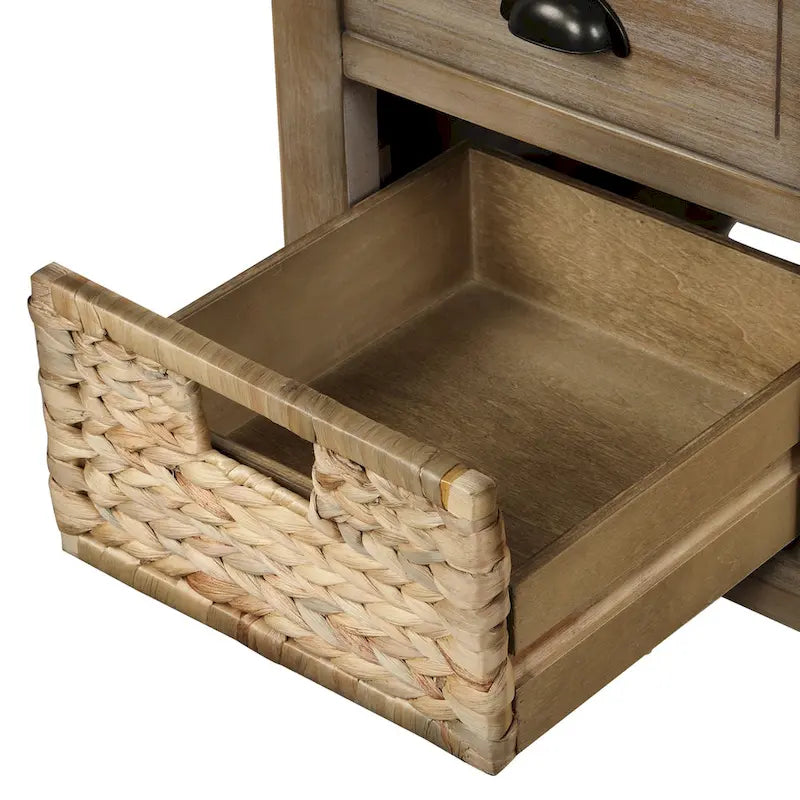 Rustic Storage Bench with 3 Drawers and 3 Woven Baskets