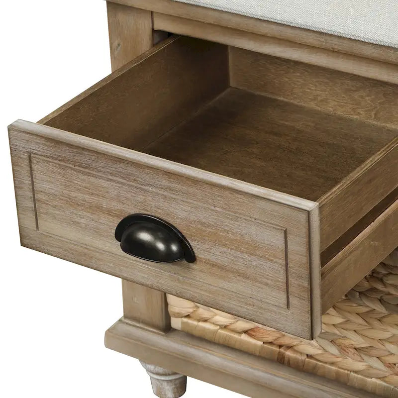 Rustic Storage Bench with 3 Drawers and 3 Woven Baskets