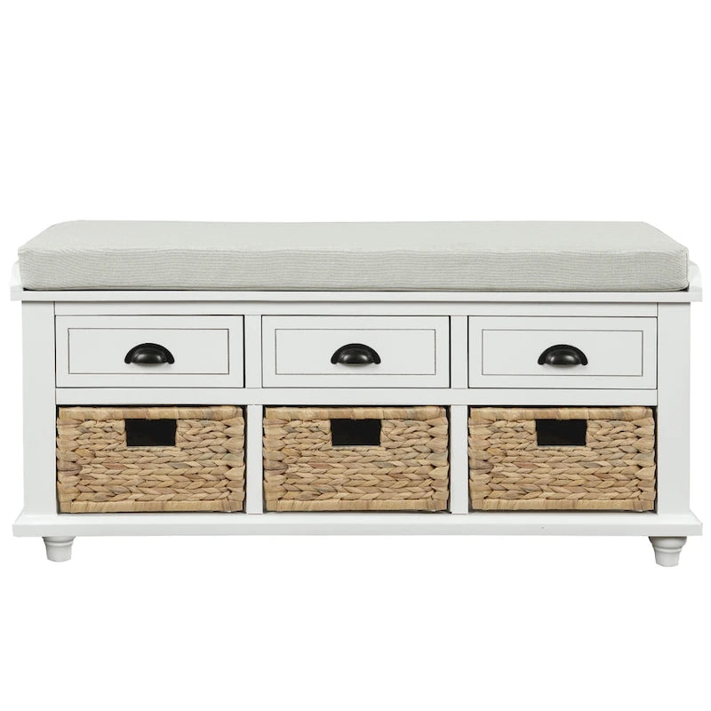Rustic Storage Bench with 3 Drawers and 3 Woven Baskets