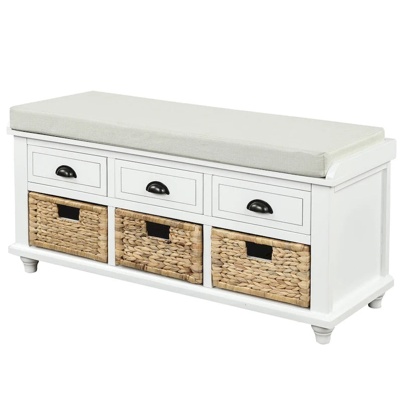 Rustic Storage Bench with 3 Drawers and 3 Woven Baskets