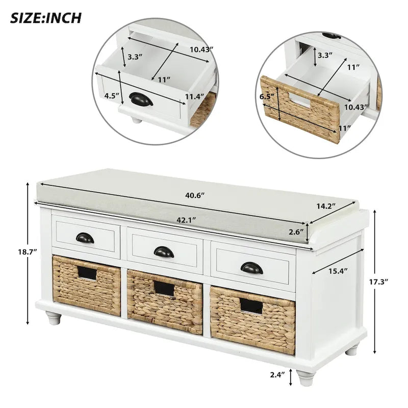 Rustic Storage Bench with 3 Drawers and 3 Woven Baskets