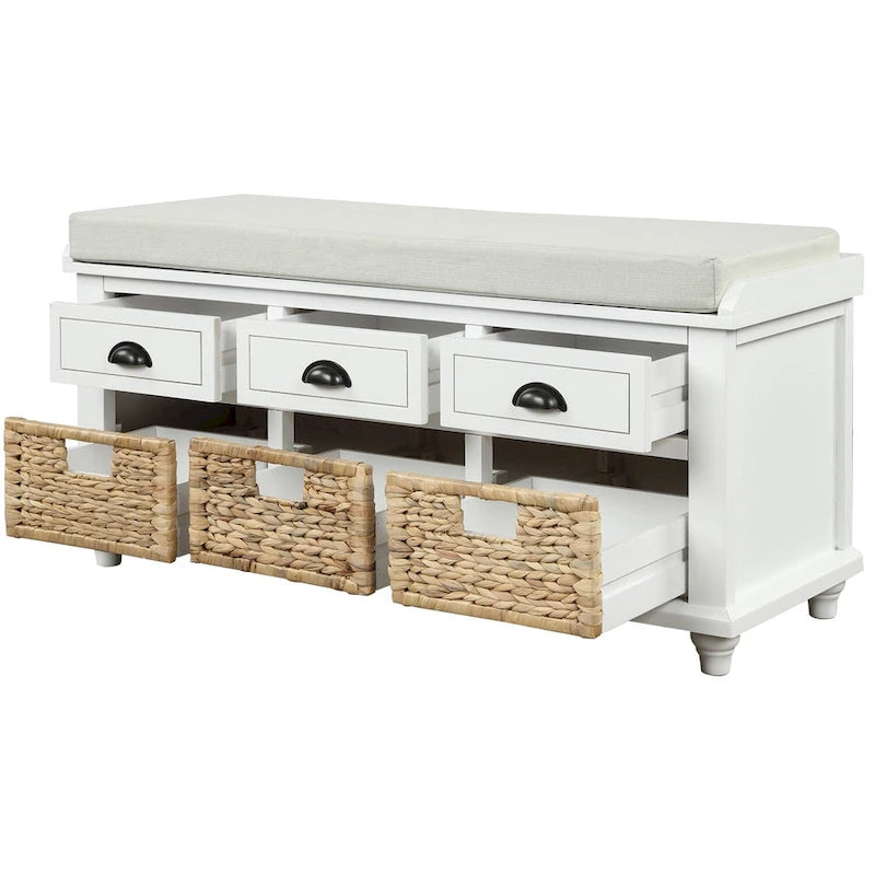 Rustic Storage Bench with 3 Drawers and 3 Woven Baskets