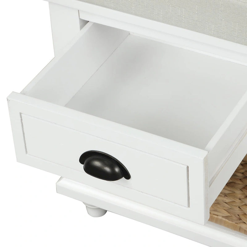 Rustic Storage Bench with 3 Drawers and 3 Woven Baskets