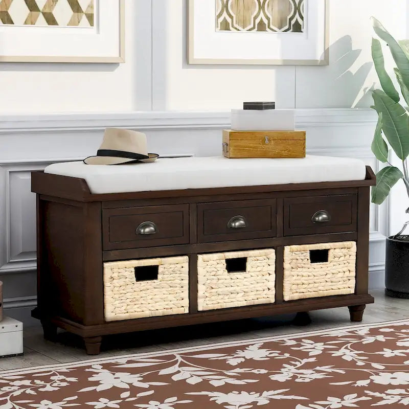 Rustic Storage Bench with 3 Drawers and 3 Woven Baskets