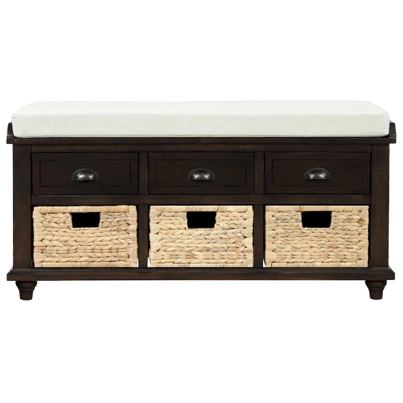 Rustic Storage Bench with 3 Drawers and 3 Woven Baskets